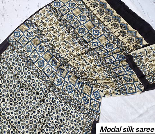 Beige & Indigo Geometric Handblock Print Pure Modal Silk Ajrakh Saree