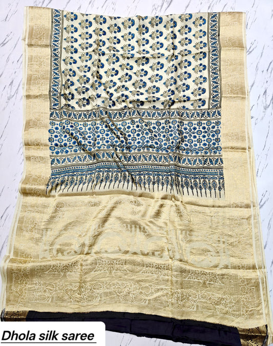 Beige & Indigo Geometric Pure Dola Silk Ajrakh Handblock Printed Saree