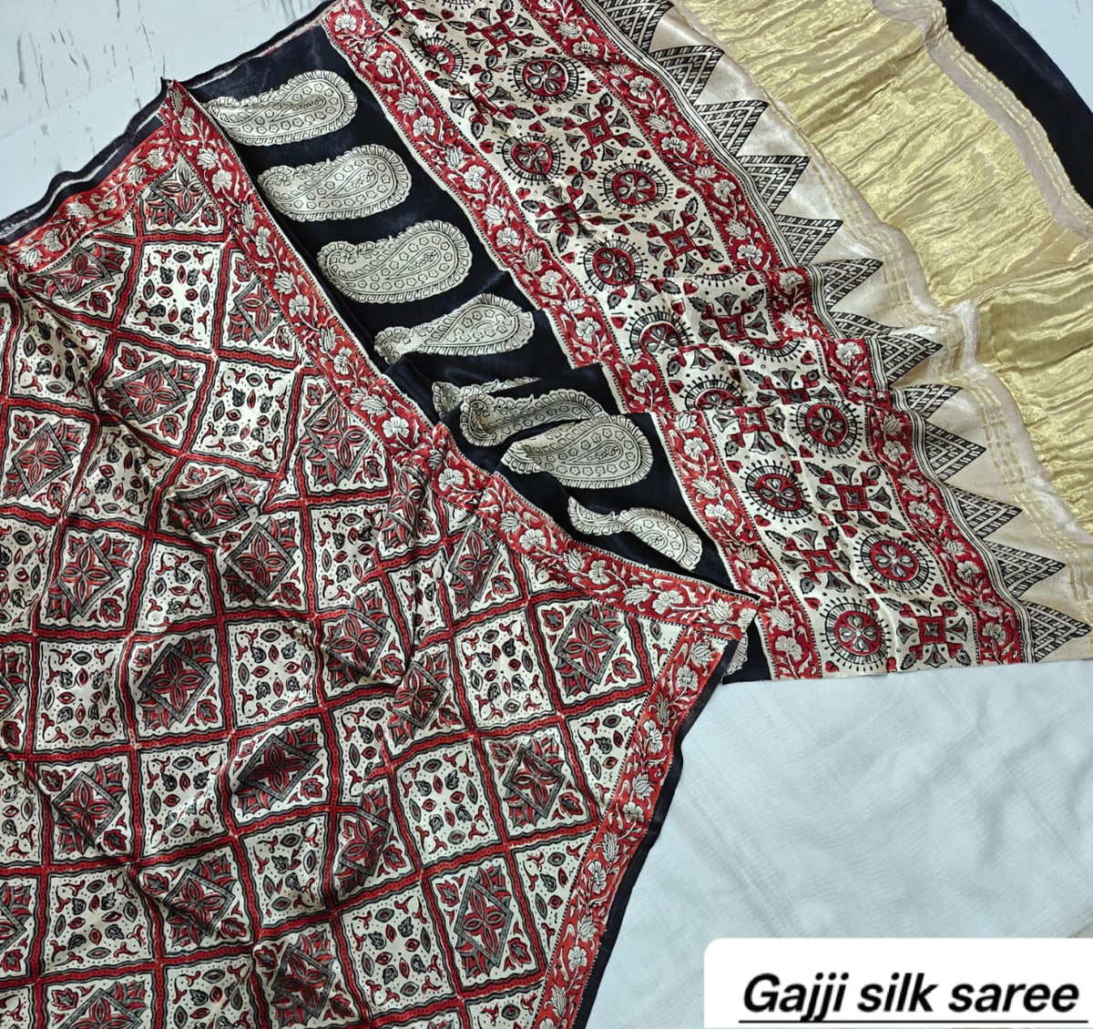 Beige & Maroon Geometric Ajrakh Handblock Saree in Pure Gajji Silk
