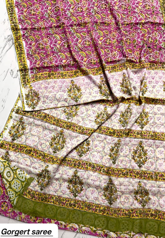 Beige & Olive Green Floral Handblock Printed Georgette Saree