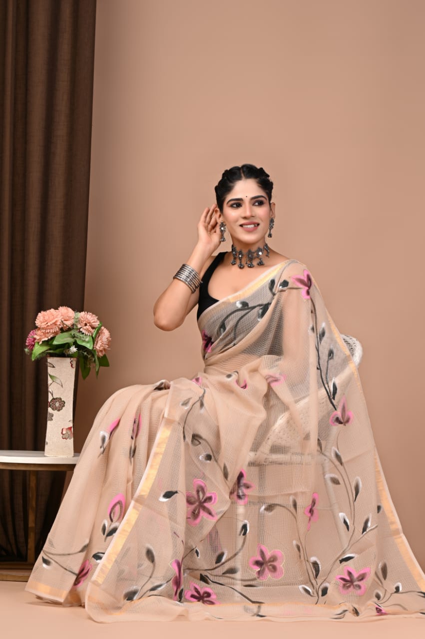 Beige & Pink Floral Hand Painted Hand Block Printed Kota Doria Cotton Saree