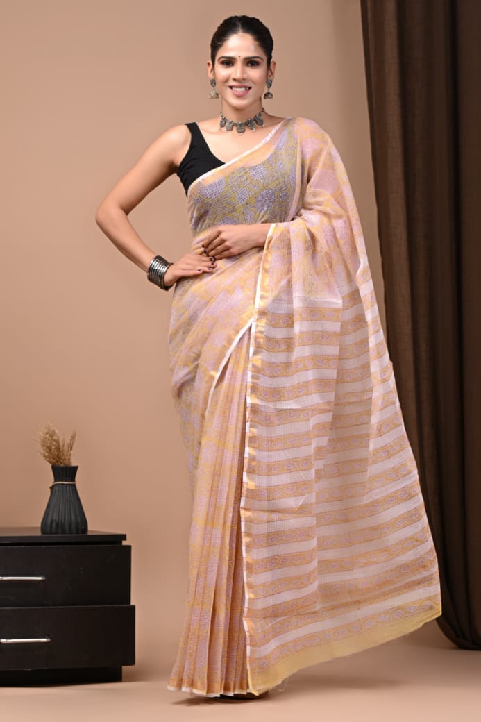 Beige & Pink Striped Hand Block Printed Kota Doria Cotton Saree