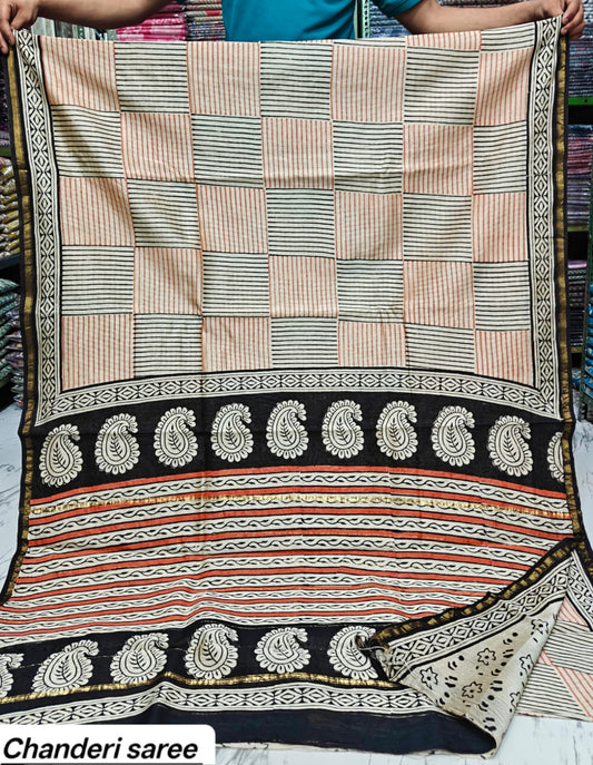 Beige & Red Checked Chanderi Bagru Handblock Printed Silk Cotton Saree With Blouse