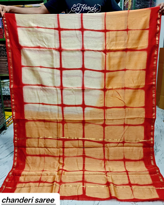Beige & Red Checkered Chanderi Bagru Handblock Printed Silk Cotton Saree With Blouse