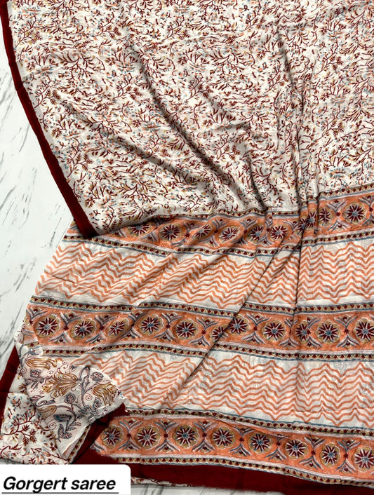 Beige & Rust Floral Handblock Printed Georgette Saree
