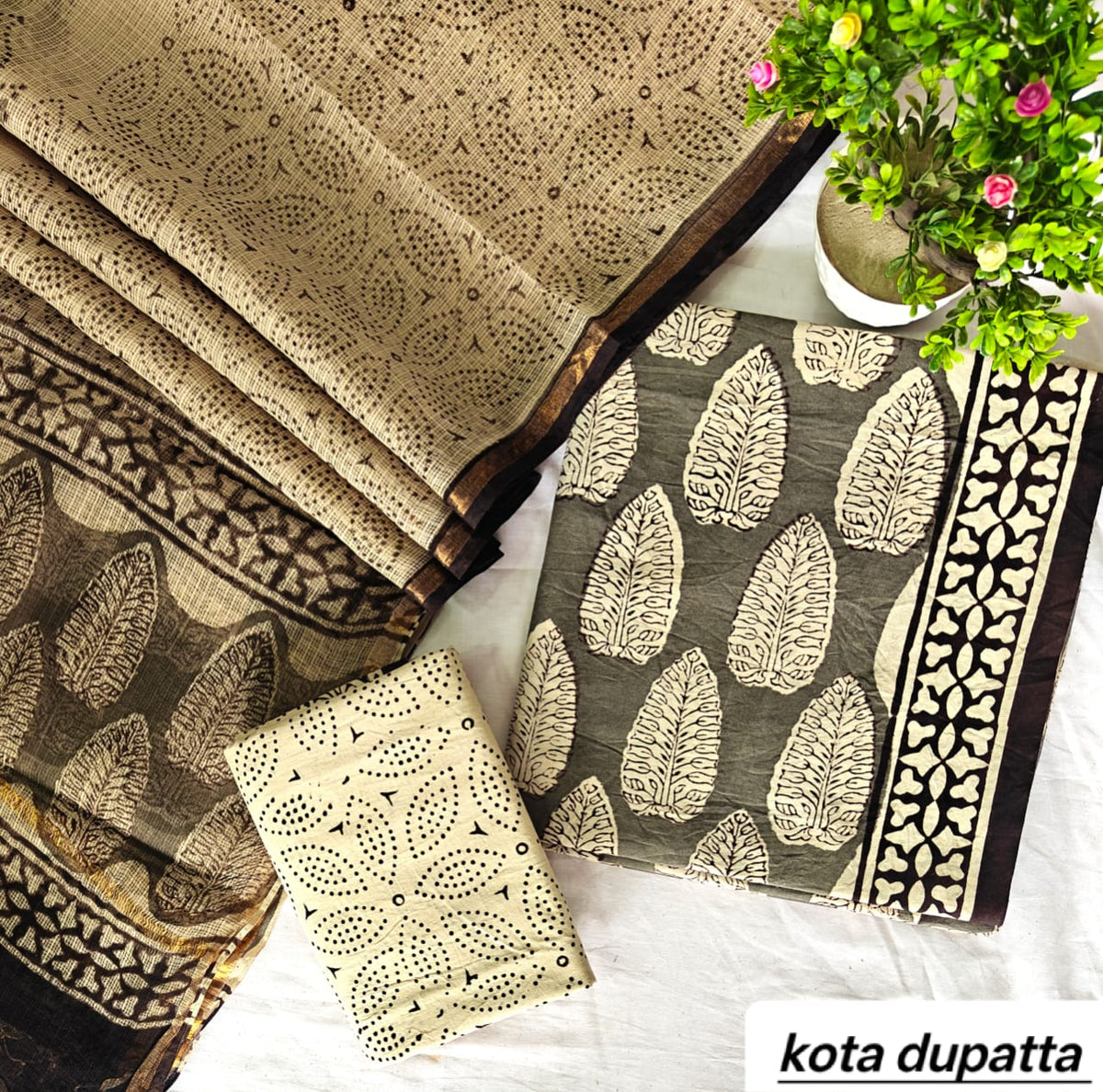 Beige and Black Leaf Motif Traditional Cotton Suit Set with Kota Doria Dupatta (Handblock Printed)