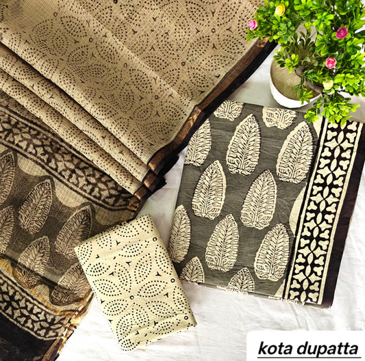 Beige and Black Leaf Motif Traditional Cotton Suit Set with Kota Doria Dupatta (Handblock Printed)