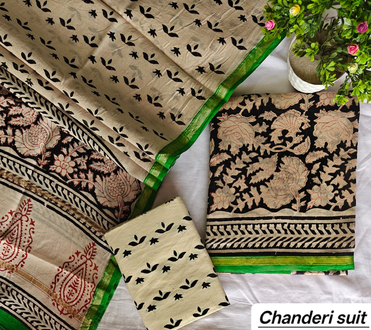 Beige and Black Floral Print Handblock Printed Pure Chanderi Silk Unstitched Suit Set