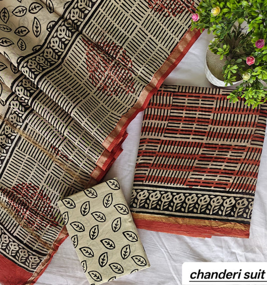 Beige and Black Leaf Booti Handblock Printed Pure Chanderi Silk Unstitched Suit Set