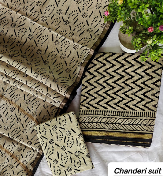 Beige and Black Tribal Zigzag Handblock Printed Pure Chanderi Silk Unstitched Suit Set
