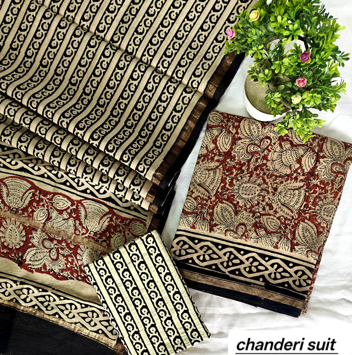 Beige and Earthy Brown Floral Abstract Handblock Printed Pure Chanderi Silk Unstitched Suit Set