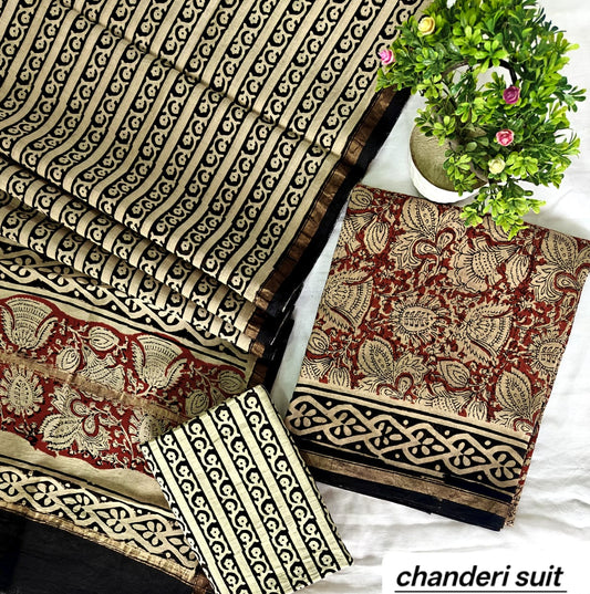 Beige and Earthy Brown Floral Abstract Handblock Printed Pure Chanderi Silk Unstitched Suit Set