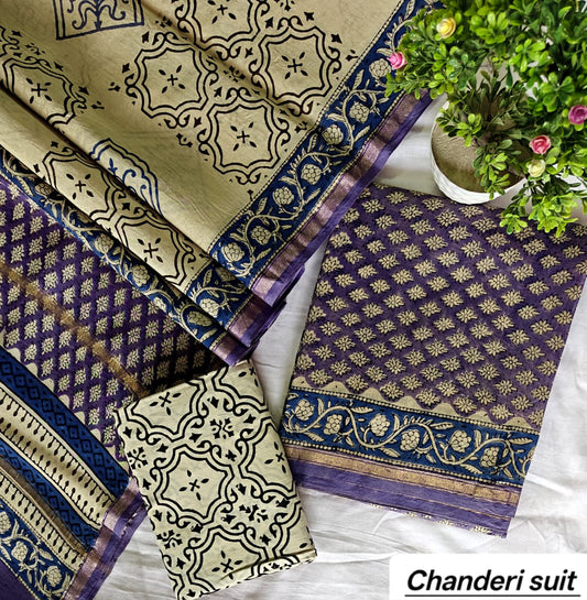 Beige and Indigo Floral Motif Handblock Printed Pure Chanderi Silk Unstitched Suit Set