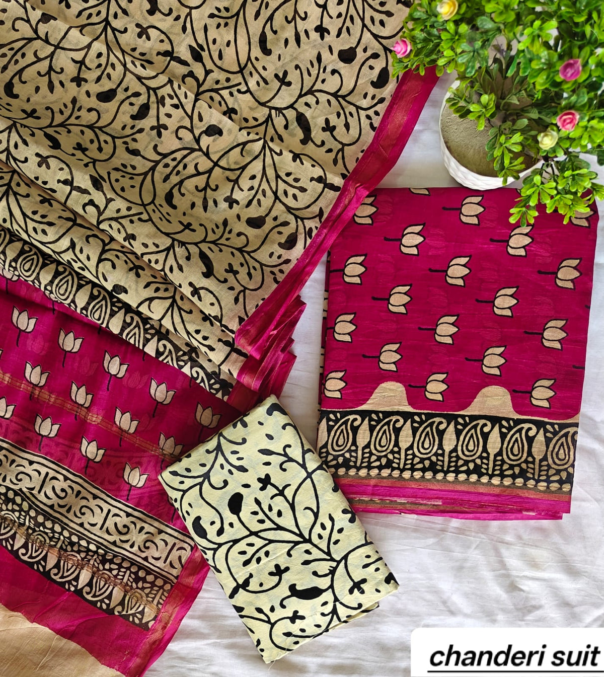 Beige and Magenta Floral Jaal Handblock Printed Pure Chanderi Silk Unstitched Suit Set
