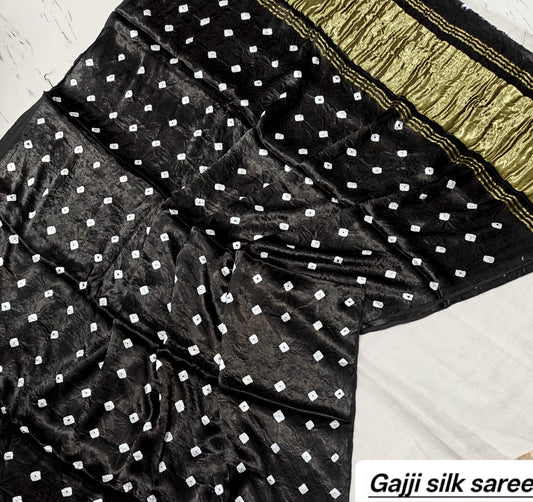 Black Bandhani Ajrakh Handblock Saree in Pure Gajji Silk