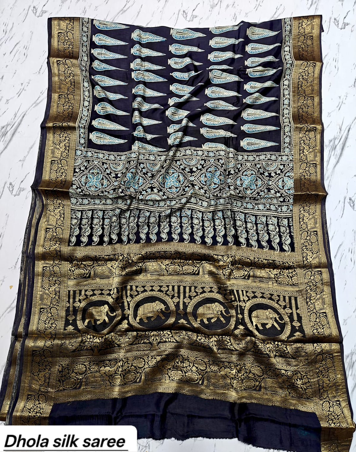 Black & Beige Leaf Motif Pure Dola Silk Ajrakh Handblock Printed Saree