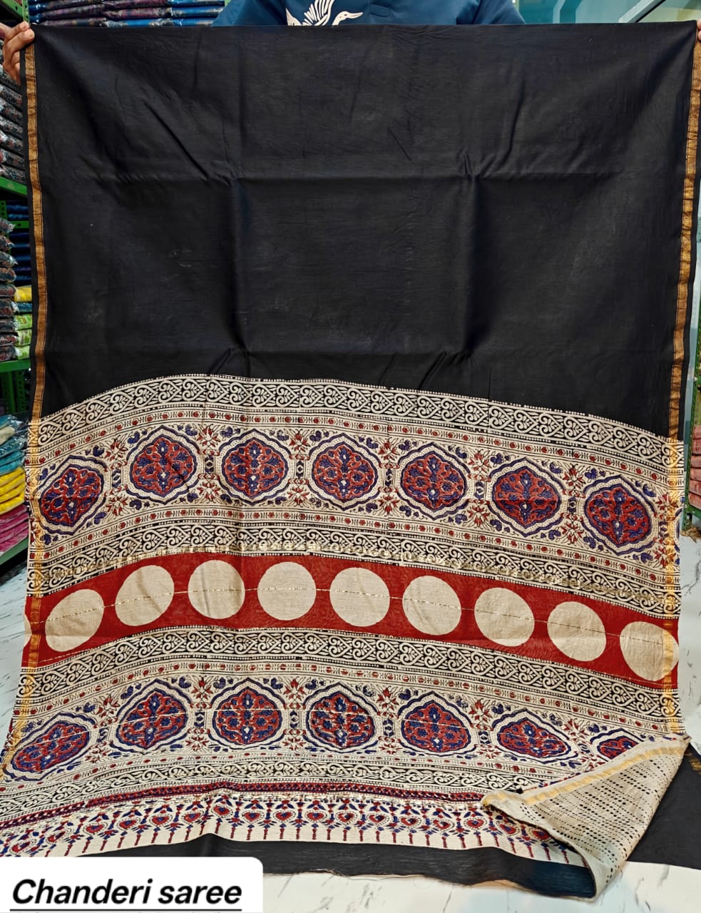 Black & Beige Paisley Border Chanderi Bagru Handblock Printed Silk Saree With Blouse