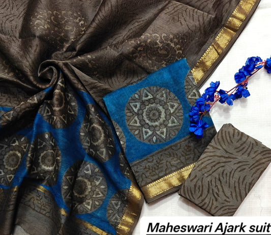 Black & Blue Circular Motif Pure Maheshwari Silk with Ajrakh Print Unstitched Suit Set with Dupatta