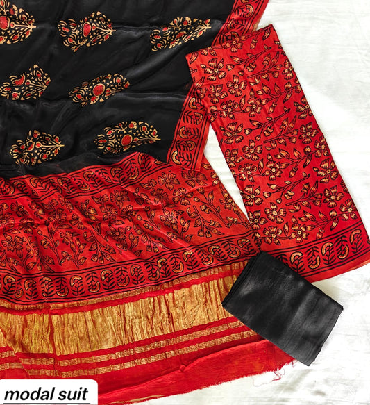 Black & Crimson Red Floral Booti Premium Pomegranate Printed Modal Silk Handblock Unstitched Suit Material