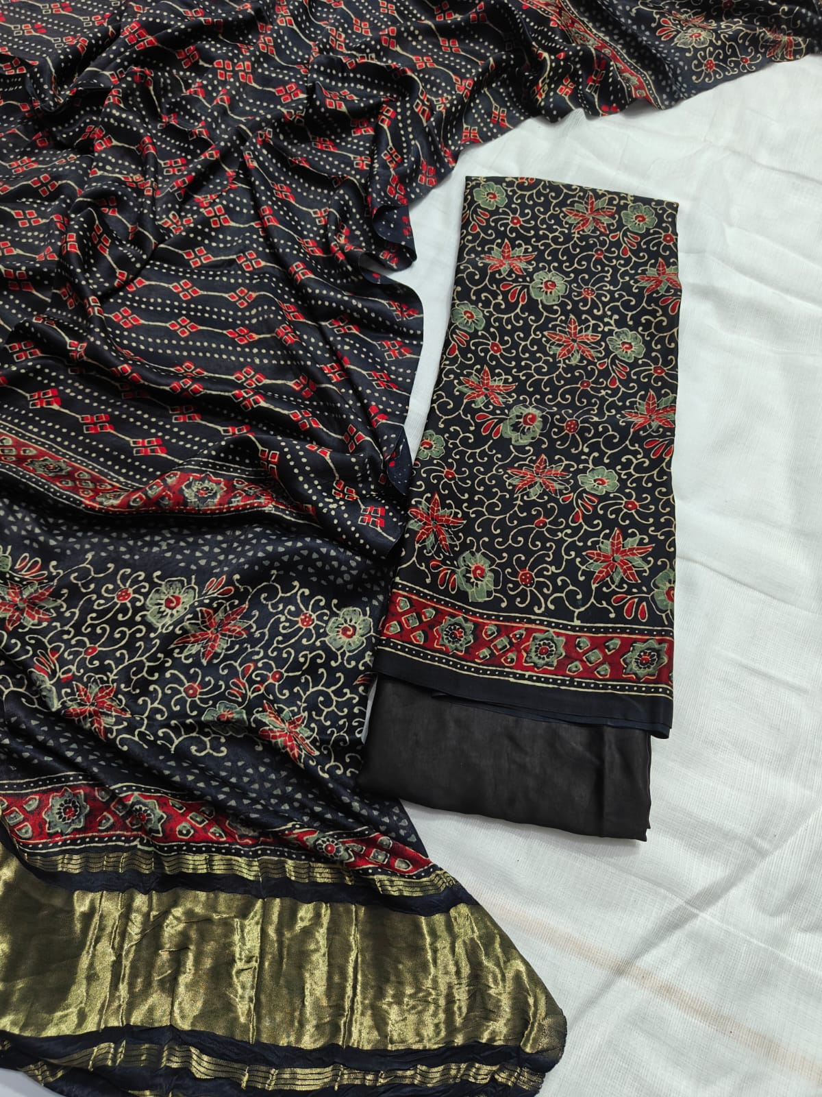Black & Deep Red Floral Booti Premium Pomegranate Printed Modal Silk Handblock Unstitched Suit Material