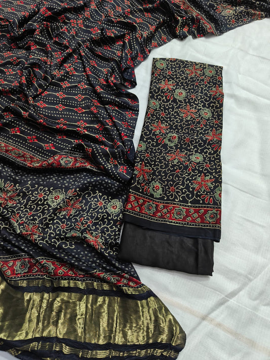 Black & Deep Red Floral Booti Premium Pomegranate Printed Modal Silk Handblock Unstitched Suit Material