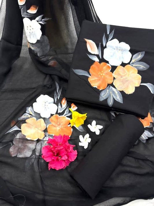 Black Floral Painted Traditional Handblock Cotton Suit Set with Chiffon Dupatta