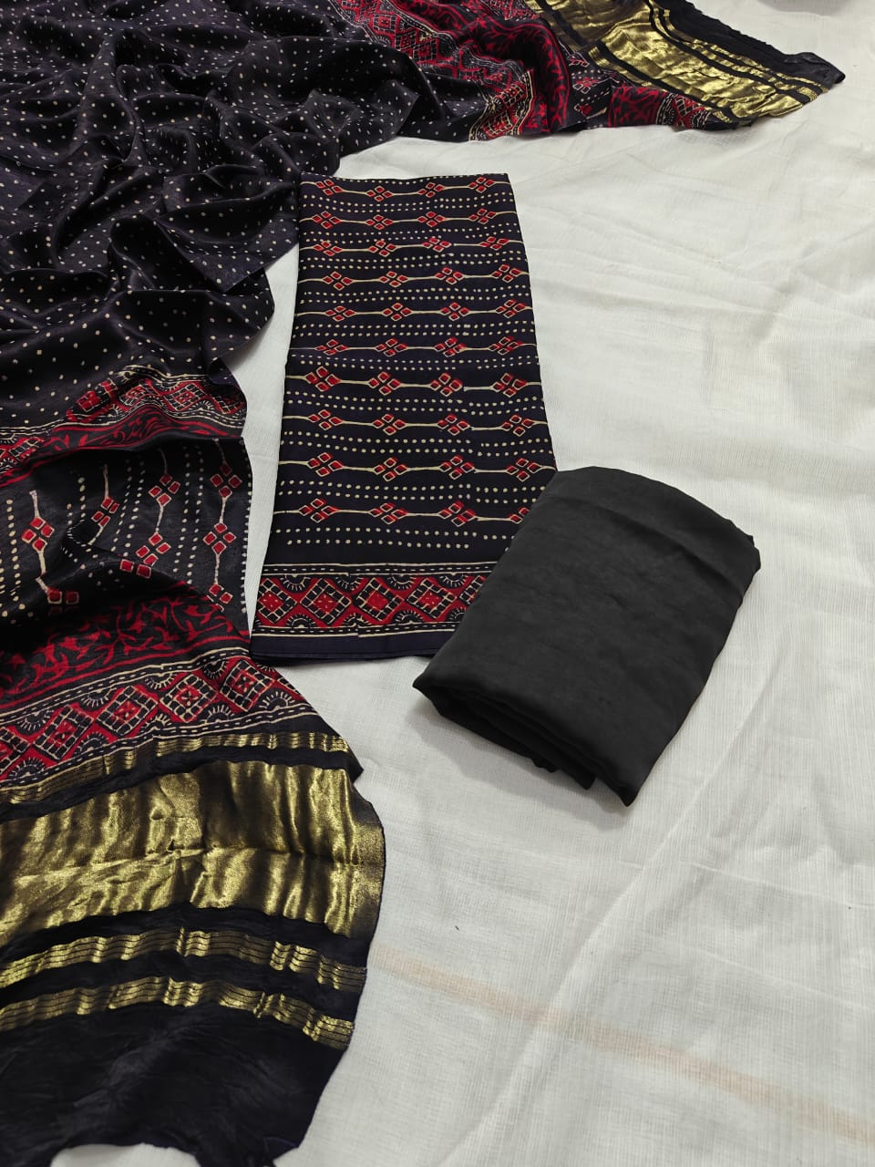Black & Grey Striped Premium Pomegranate Printed Modal Silk Handblock Unstitched Suit Material