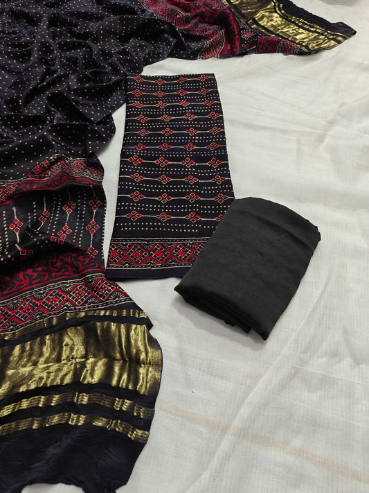 Black & Grey Striped Premium Pomegranate Printed Modal Silk Handblock Unstitched Suit Material