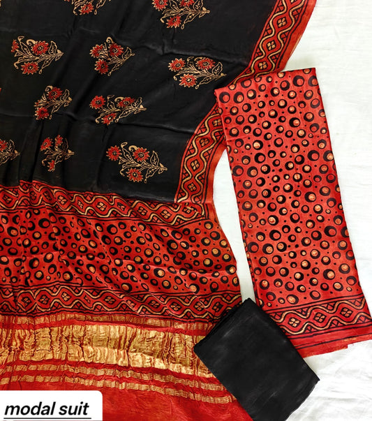Black & Orange Floral Premium Pomegranate Printed Modal Silk Handblock Unstitched Suit Material