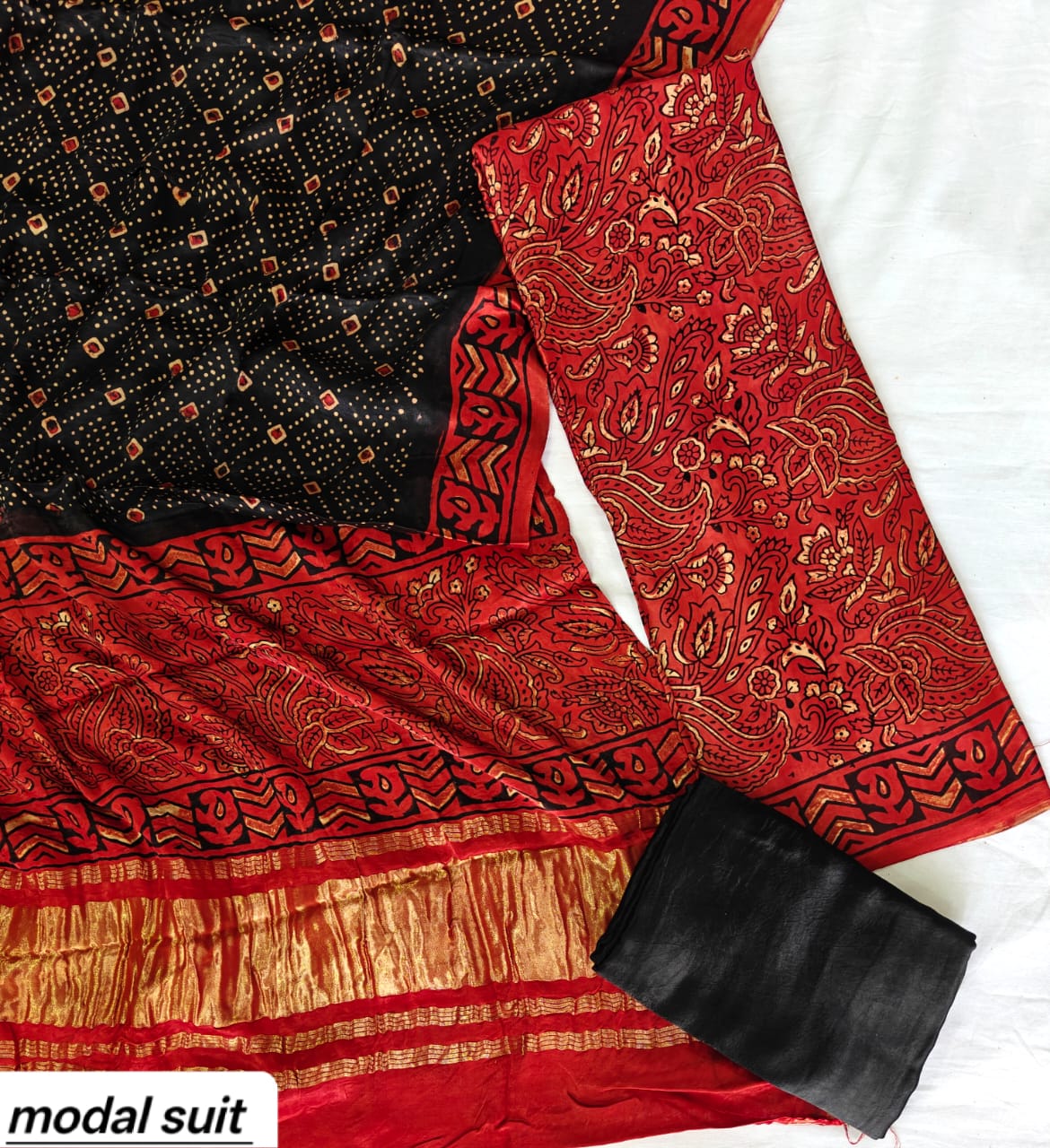 Black & Red Abstract Floral Premium Pomegranate Printed Modal Silk Handblock Unstitched Suit Material