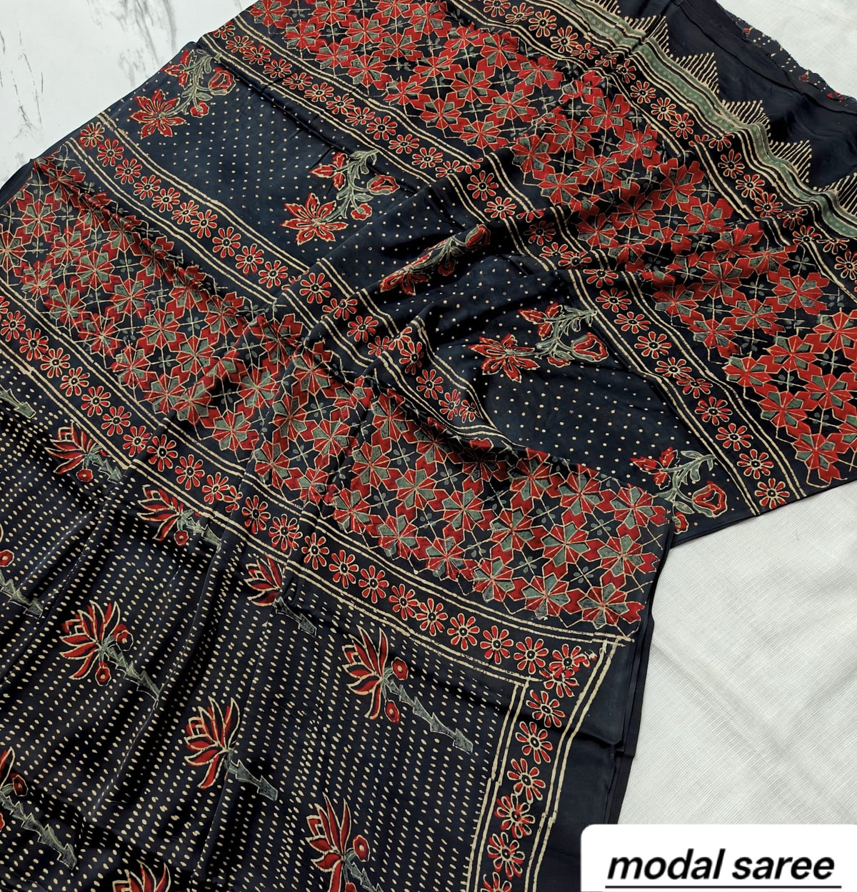 Black & Red Abstract Geometric Handblock Print Pure Modal Silk Ajrakh Saree