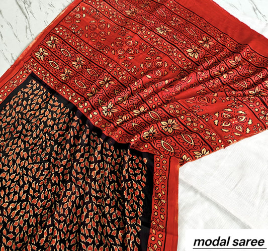 Black & Red Floral Handblock Print Pure Modal Silk Ajrakh Saree