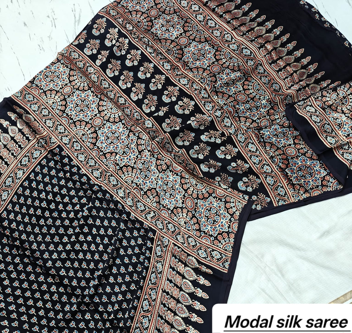 Black & Red Geometric Booti Handblock Print Pure Modal Silk Ajrakh Saree