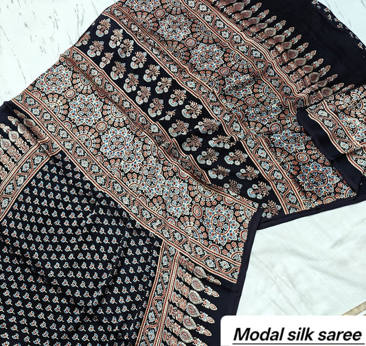 Black & Red Geometric Booti Handblock Print Pure Modal Silk Ajrakh Saree