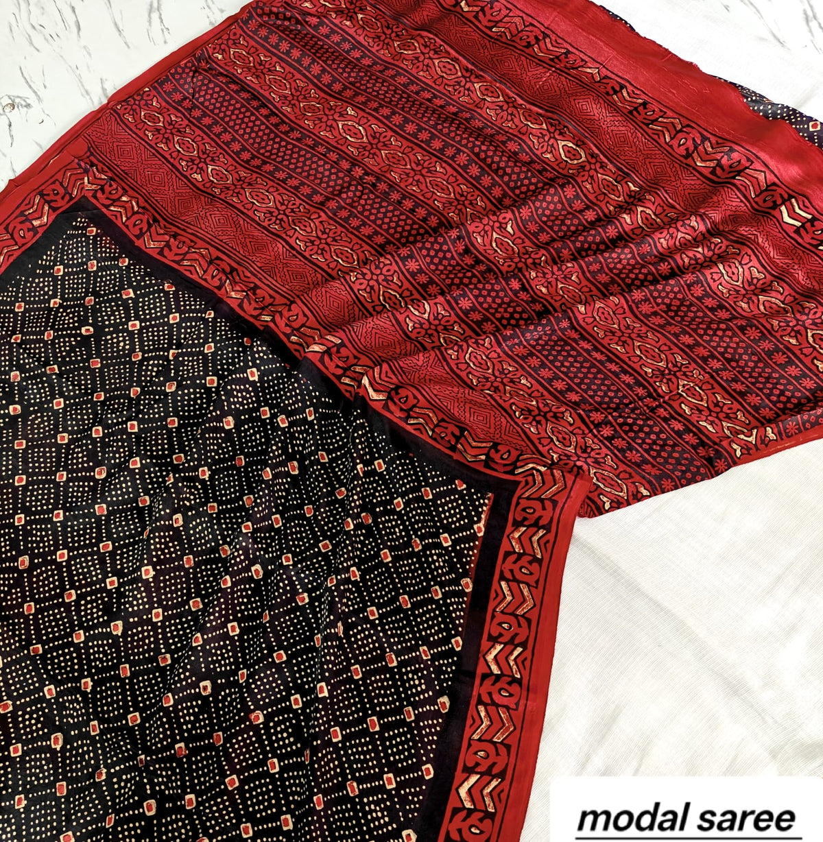 Black & Red Geometric Handblock Print Pure Modal Silk Ajrakh Saree