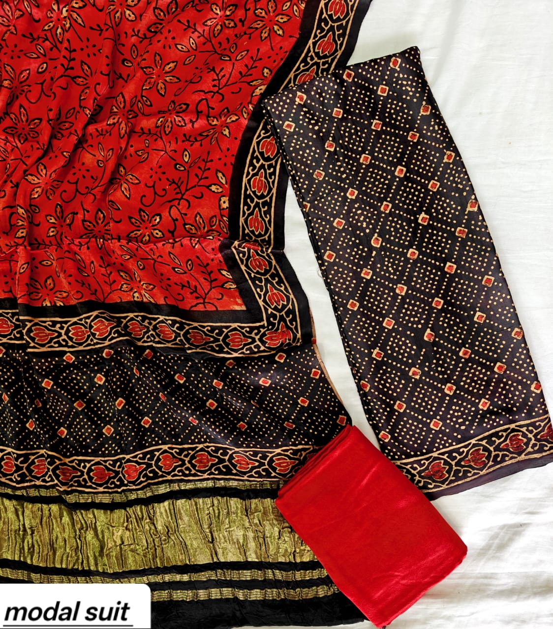 Black & Red Geometric Stripe Premium Pomegranate Printed Modal Silk Handblock Unstitched Suit Material