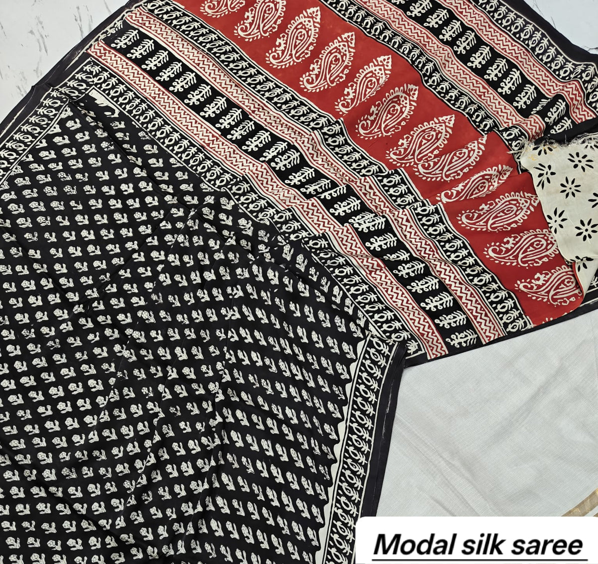 Black & Red Leaf Motif Handblock Print Pure Modal Silk Ajrakh Saree