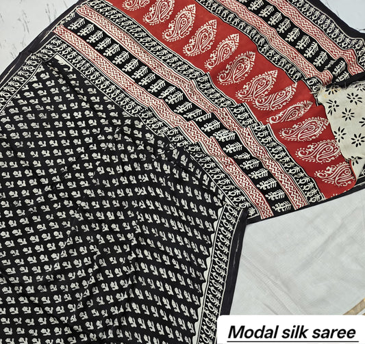 Black & Red Leaf Motif Handblock Print Pure Modal Silk Ajrakh Saree