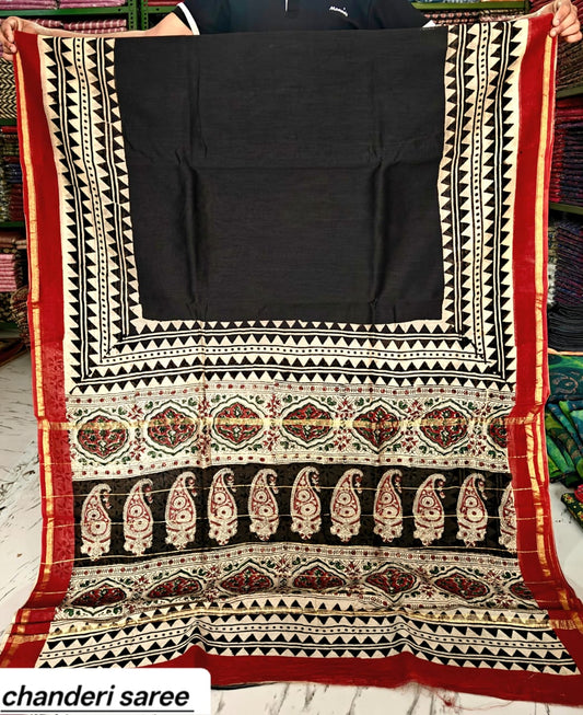 Black & Red Paisley Border Chanderi Bagru Handblock Printed Silk Cotton Saree With Blouse