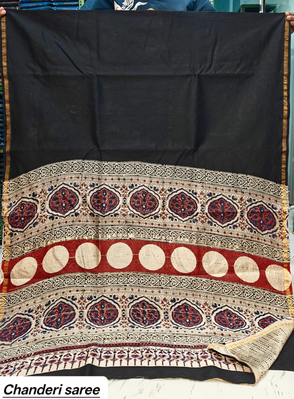 Black & Red Paisley Border Chanderi Bagru Handblock Printed Silk Saree With Blouse