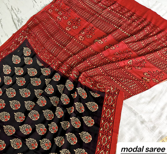 Black & Red Paisley Handblock Print Pure Modal Silk Ajrakh Saree