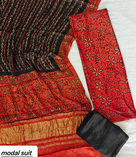 Black & Rust Geometric Premium Pomegranate Printed Modal Silk Handblock Unstitched Suit Material