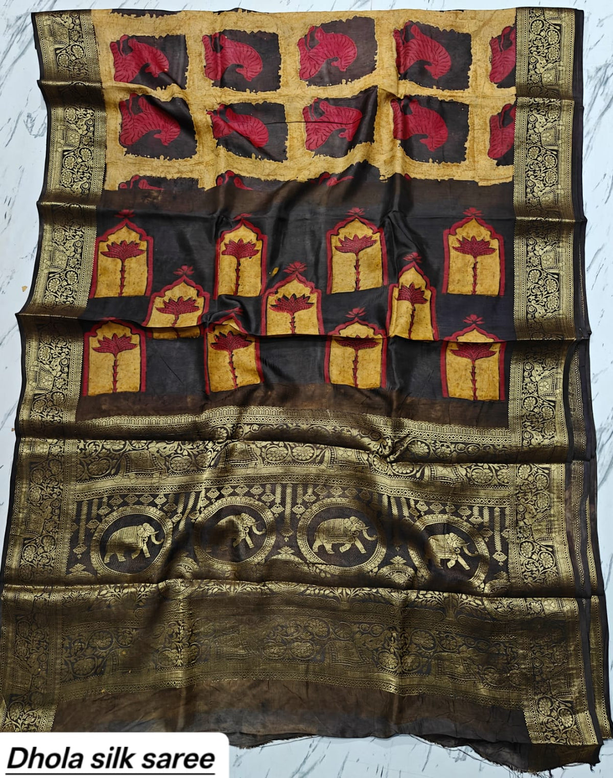 Black & Rust Red Checkered Block Print Pure Dola Silk Ajrakh Handblock Printed Saree