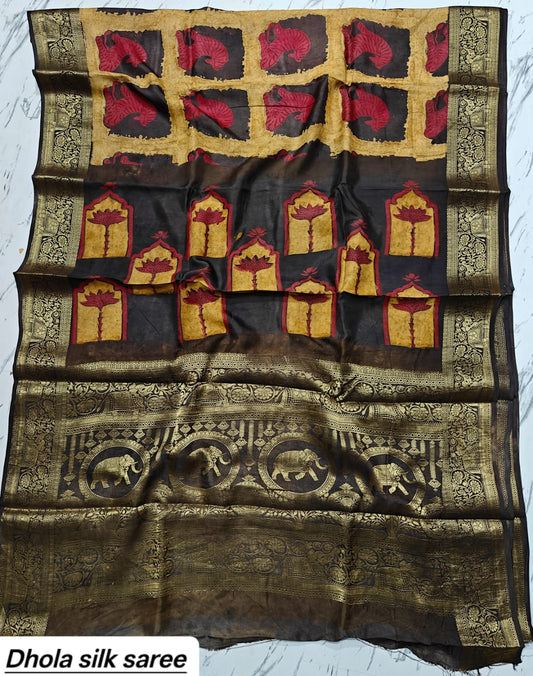 Black & Rust Red Checkered Block Print Pure Dola Silk Ajrakh Handblock Printed Saree