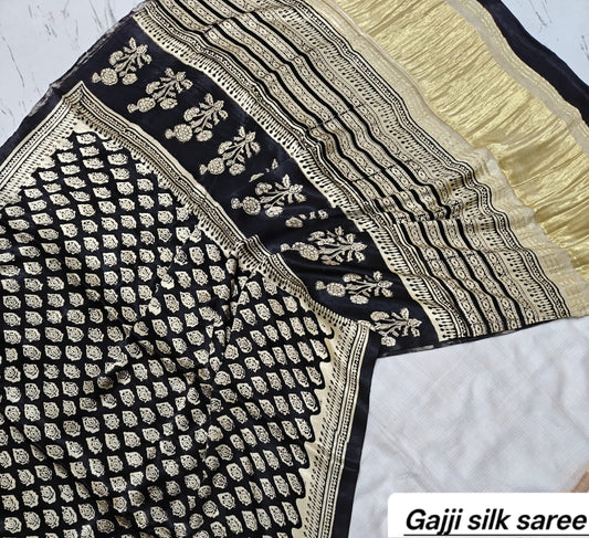 Black & White Chevron Ajrakh Handblock Saree in Pure Gajji Silk