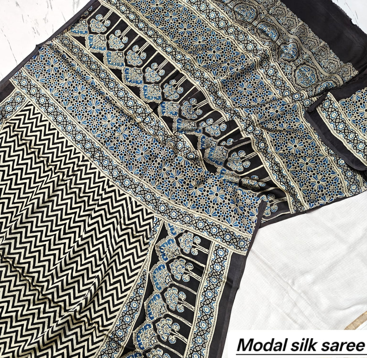 Black & White Chevron Handblock Print Pure Modal Silk Ajrakh Saree
