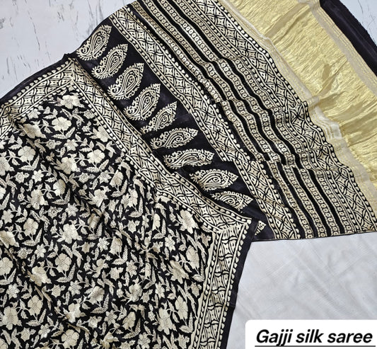 Black & White Floral Ajrakh Handblock Saree in Pure Gajji Silk