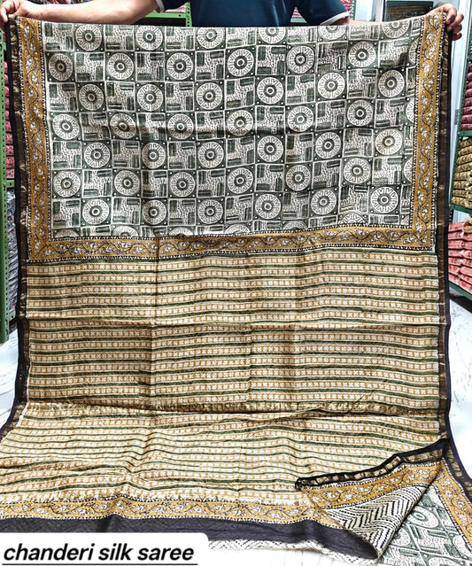 Black & White Floral Chanderi Bagru Handblock Printed Silk Cotton Saree With Blouse