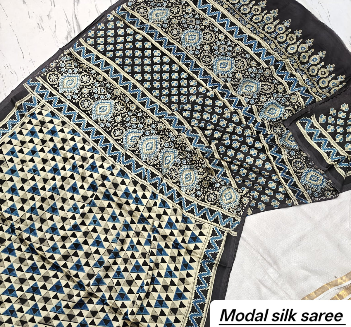 Black & White Geometric Handblock Print Pure Modal Silk Ajrakh Saree