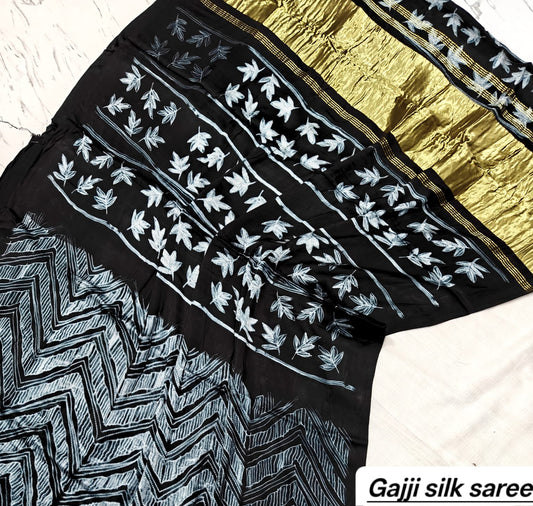Black & White Leaf Motif Ajrakh Handblock Saree in Pure Gajji Silk